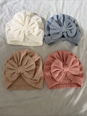 Kids Knit Bow Turban Hat - Ivory, Gray, Blush, Taupe